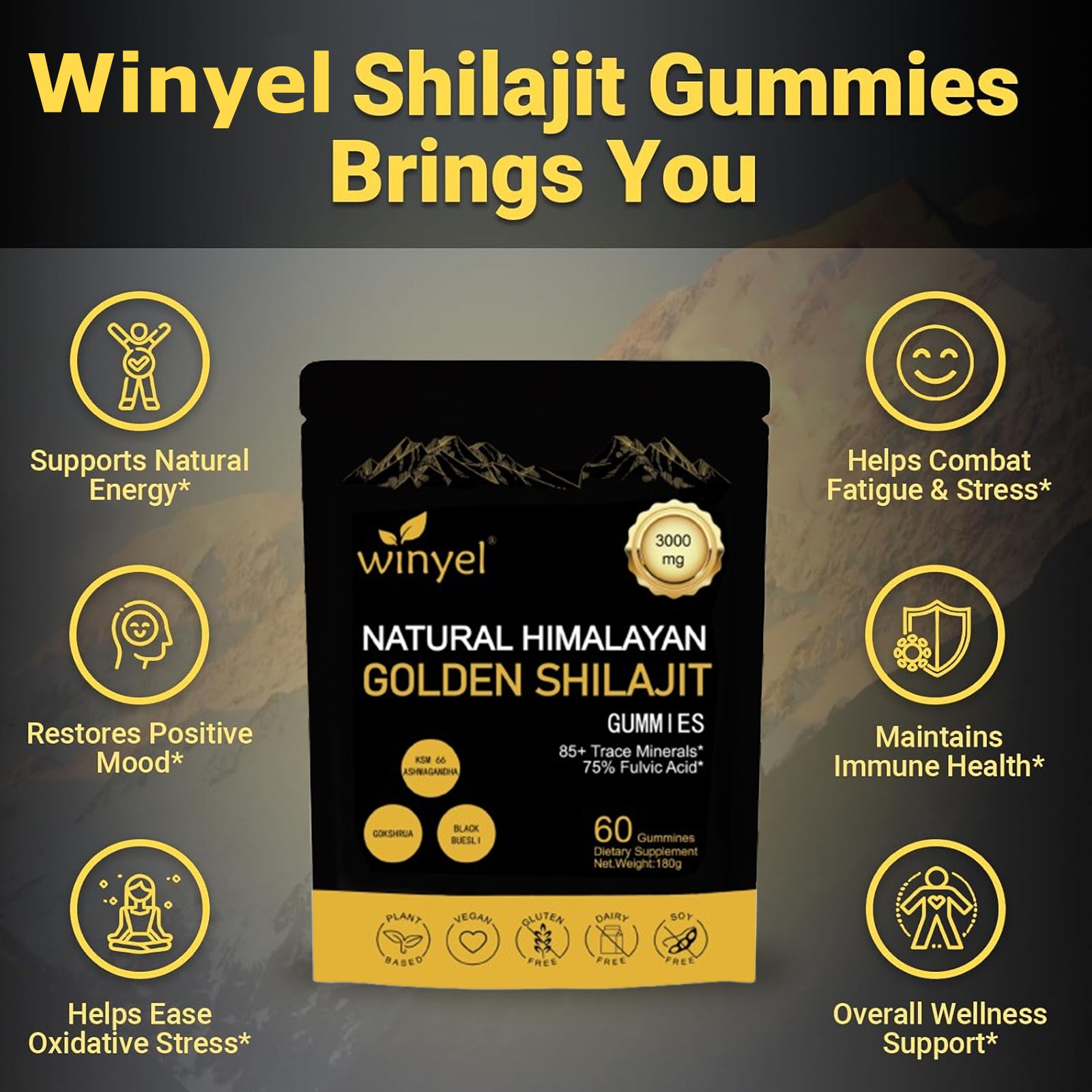 Shilajit Gummies, Himalayan Shilajit Supplements, Ashwagandha, Gokshura, 85 Trace Minerals, High Potency Gold Grade, 60 Gummies for Energy Boost, Immune Support, Non-Gmo