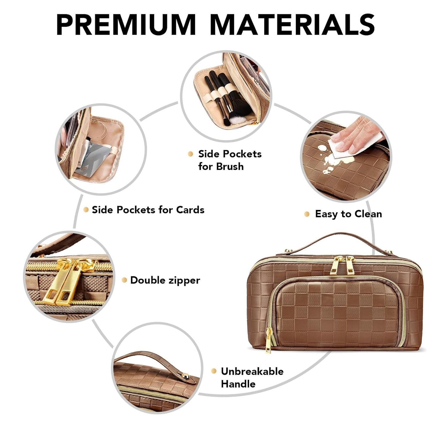 Travel Makeup Bag for Women, Large Capacity PU Leather Waterproof Checkered Cosmetic Bags, Portable Pouch Open Flat Toiletry Bag, Make up Organizer with Divider and Handle, Brown