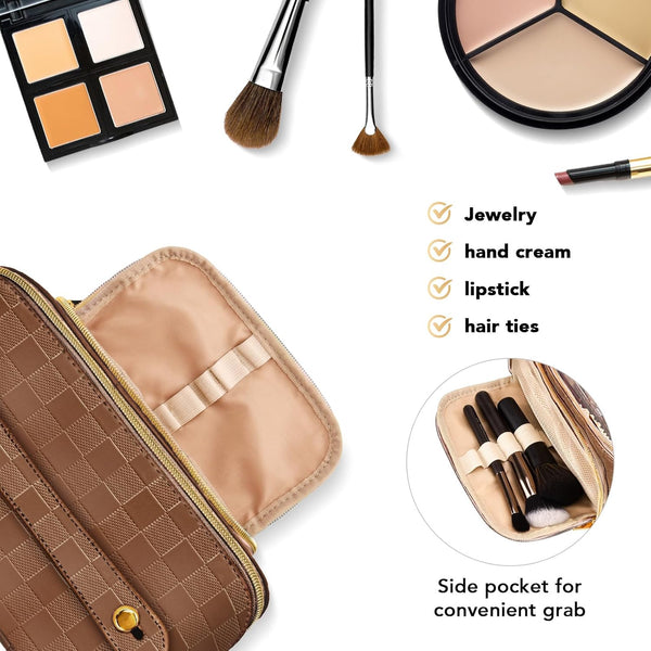 Travel Makeup Bag for Women, Large Capacity PU Leather Waterproof Checkered Cosmetic Bags, Portable Pouch Open Flat Toiletry Bag, Make up Organizer with Divider and Handle, Brown