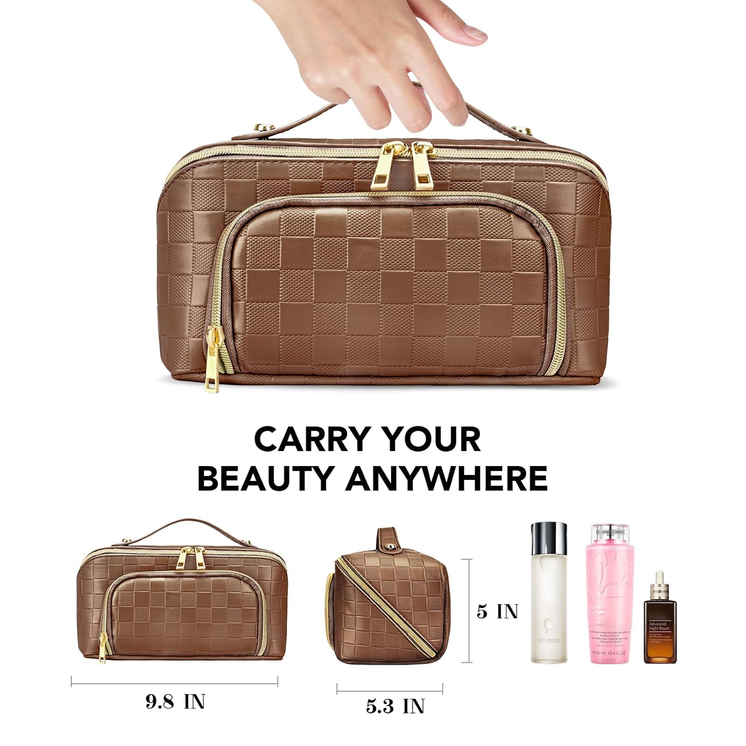 Travel Makeup Bag for Women, Large Capacity PU Leather Waterproof Checkered Cosmetic Bags, Portable Pouch Open Flat Toiletry Bag, Make up Organizer with Divider and Handle, Brown