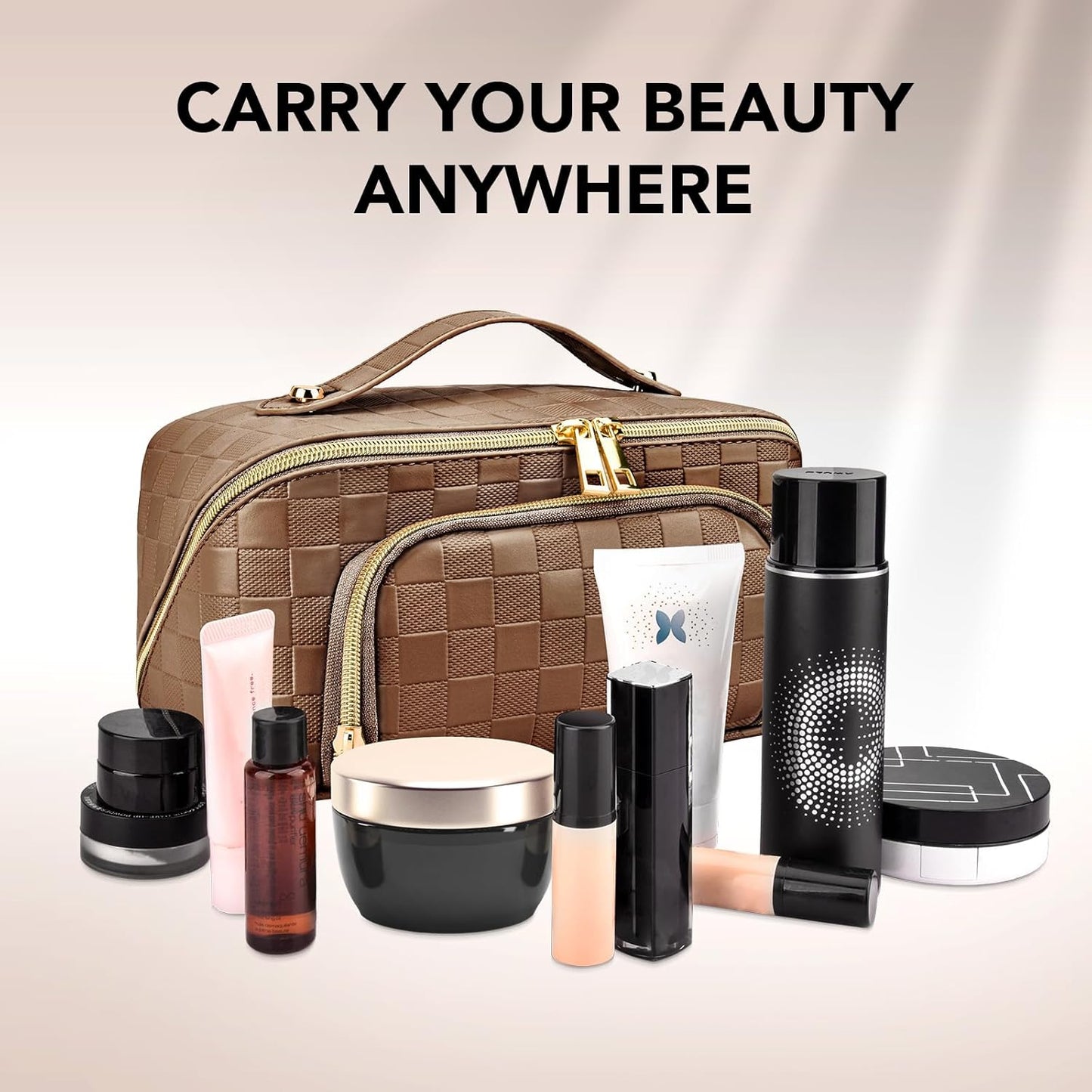 Travel Makeup Bag for Women, Large Capacity PU Leather Waterproof Checkered Cosmetic Bags, Portable Pouch Open Flat Toiletry Bag, Make up Organizer with Divider and Handle, Brown