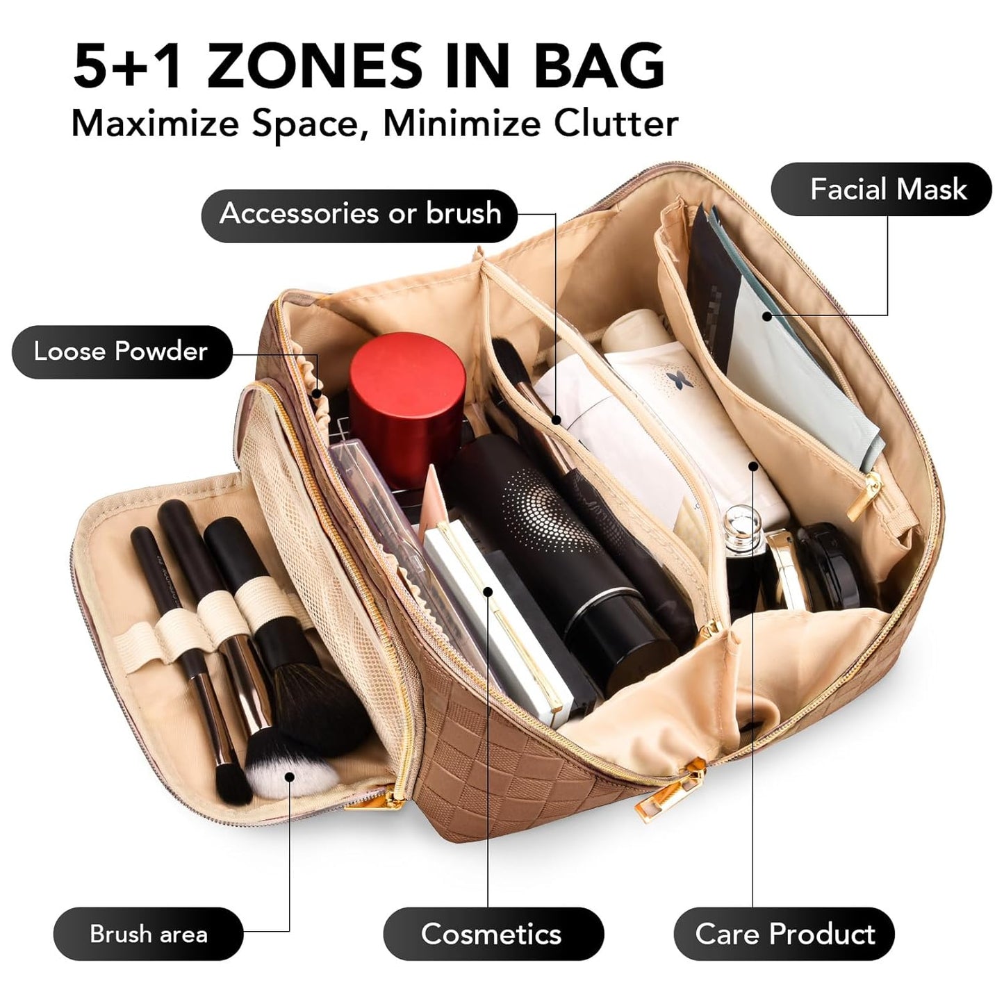 Travel Makeup Bag for Women, Large Capacity PU Leather Waterproof Checkered Cosmetic Bags, Portable Pouch Open Flat Toiletry Bag, Make up Organizer with Divider and Handle, Brown