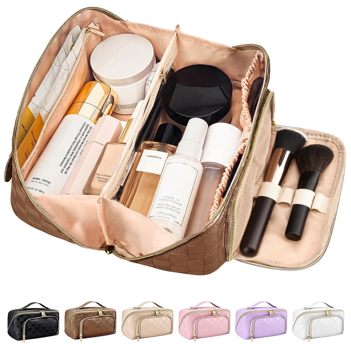 Travel Makeup Bag for Women, Large Capacity PU Leather Waterproof Checkered Cosmetic Bags, Portable Pouch Open Flat Toiletry Bag, Make up Organizer with Divider and Handle, Brown