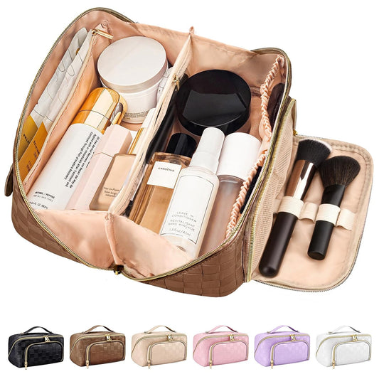 Travel Makeup Bag for Women, Large Capacity PU Leather Waterproof Checkered Cosmetic Bags, Portable Pouch Open Flat Toiletry Bag, Make up Organizer with Divider and Handle, Brown