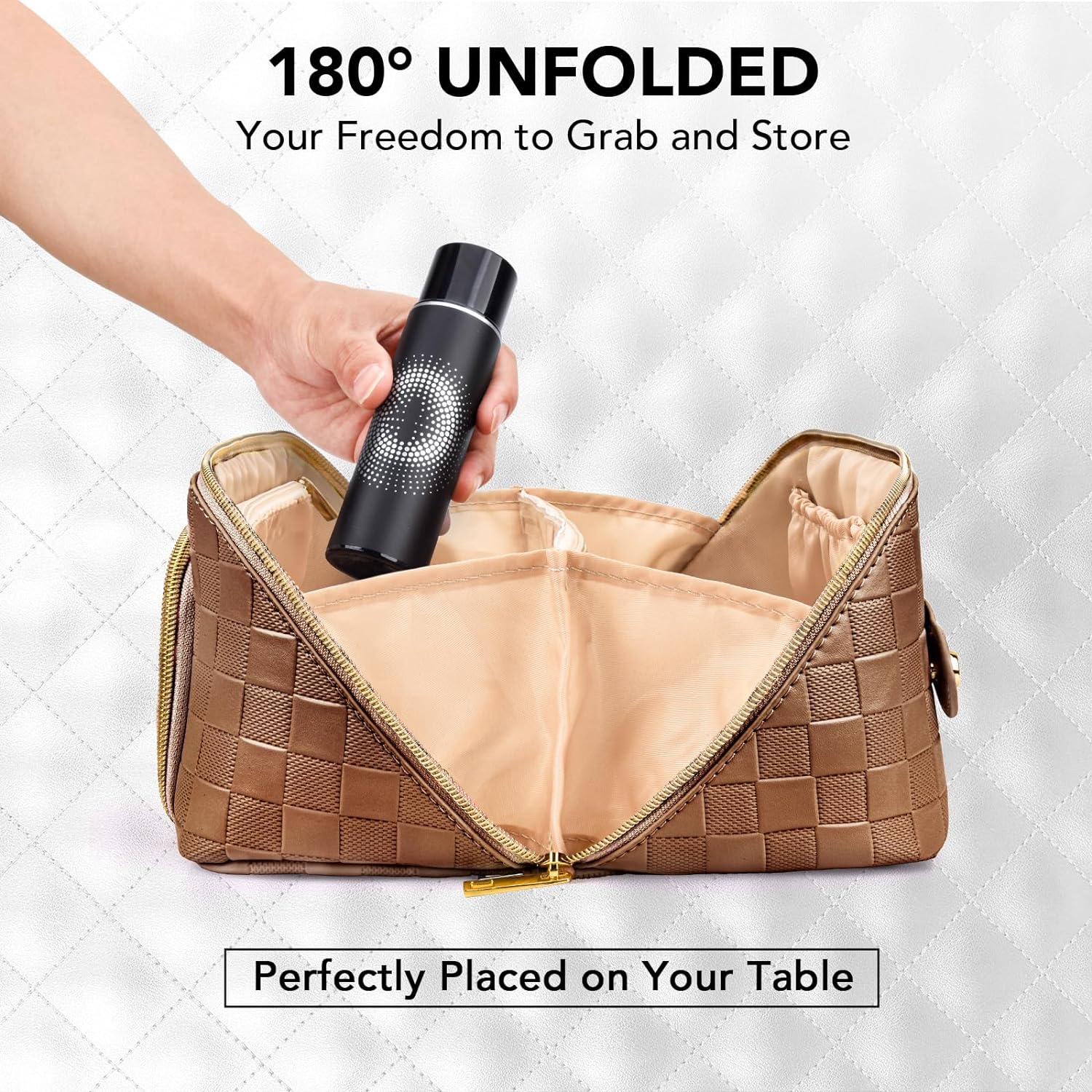 Travel Makeup Bag for Women, Large Capacity PU Leather Waterproof Checkered Cosmetic Bags, Portable Pouch Open Flat Toiletry Bag, Make up Organizer with Divider and Handle, Brown