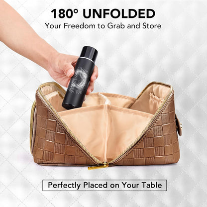 Travel Makeup Bag for Women, Large Capacity PU Leather Waterproof Checkered Cosmetic Bags, Portable Pouch Open Flat Toiletry Bag, Make up Organizer with Divider and Handle, Brown
