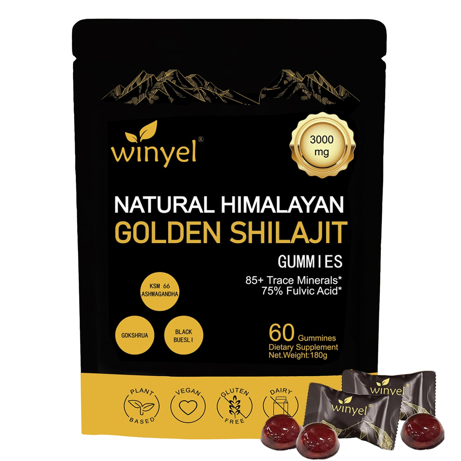 Shilajit Gummies, Himalayan Shilajit Supplements, Ashwagandha, Gokshura, 85 Trace Minerals, High Potency Gold Grade, 60 Gummies for Energy Boost, Immune Support, Non-Gmo