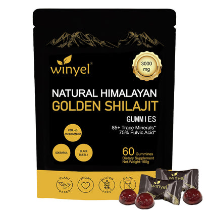 Shilajit Gummies, Himalayan Shilajit Supplements, Ashwagandha, Gokshura, 85 Trace Minerals, High Potency Gold Grade, 60 Gummies for Energy Boost, Immune Support, Non-Gmo