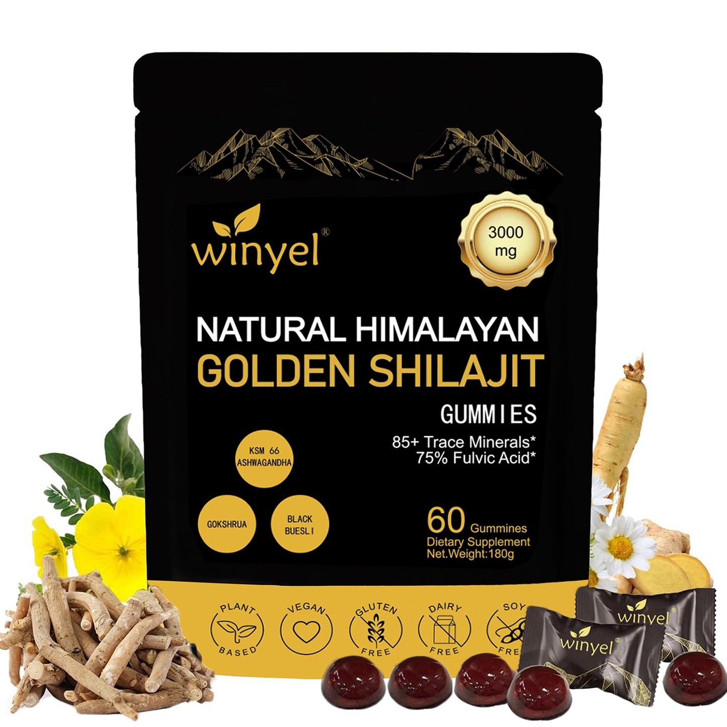 Shilajit Gummies, Himalayan Shilajit Supplements, Ashwagandha, Gokshura, 85 Trace Minerals, High Potency Gold Grade, 60 Gummies for Energy Boost, Immune Support, Non-Gmo