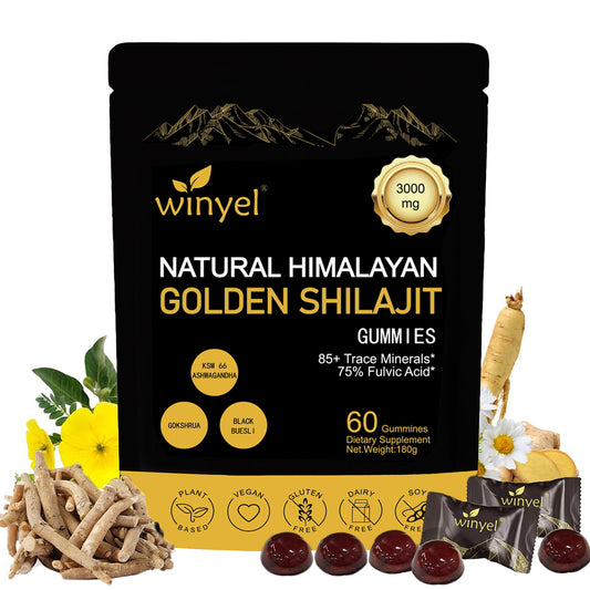 Shilajit Gummies, Himalayan Shilajit Supplements, Ashwagandha, Gokshura, 85 Trace Minerals, High Potency Gold Grade, 60 Gummies for Energy Boost, Immune Support, Non-Gmo