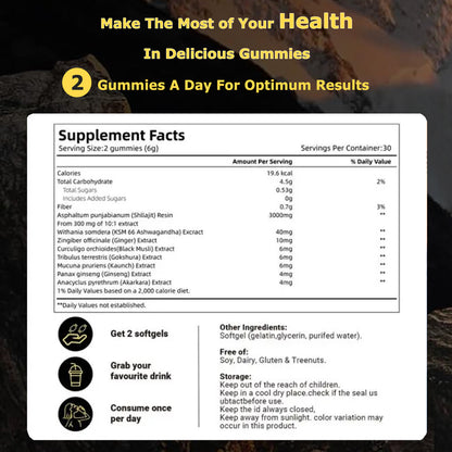 Shilajit Gummies, Himalayan Shilajit Supplements, Ashwagandha, Gokshura, 85 Trace Minerals, High Potency Gold Grade, 60 Gummies for Energy Boost, Immune Support, Non-Gmo